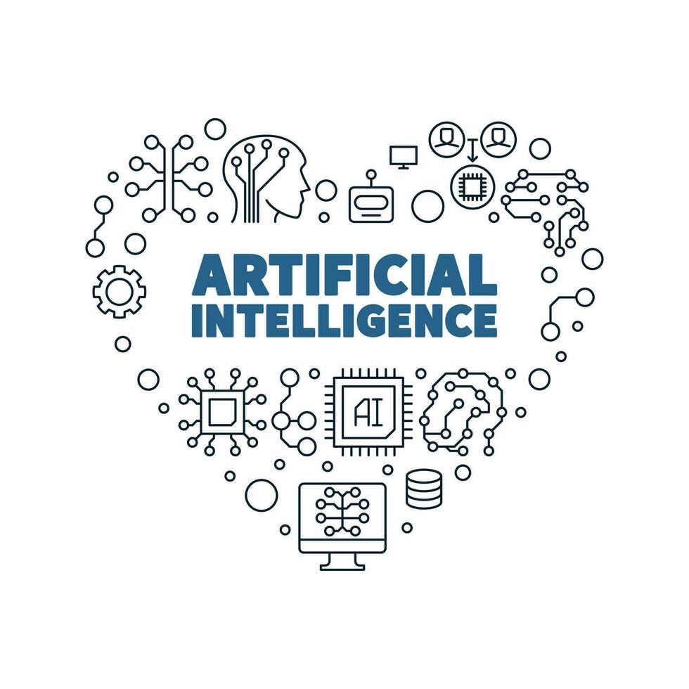 Artificial Intelligence Heart banner in thin line style - AI Technology concept lillustration vector