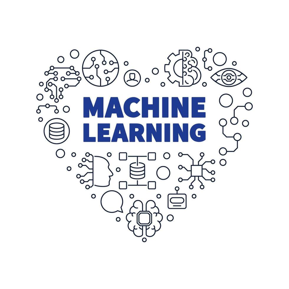 Machine Learning heart line banner. ML Technology concept thin line banner vector