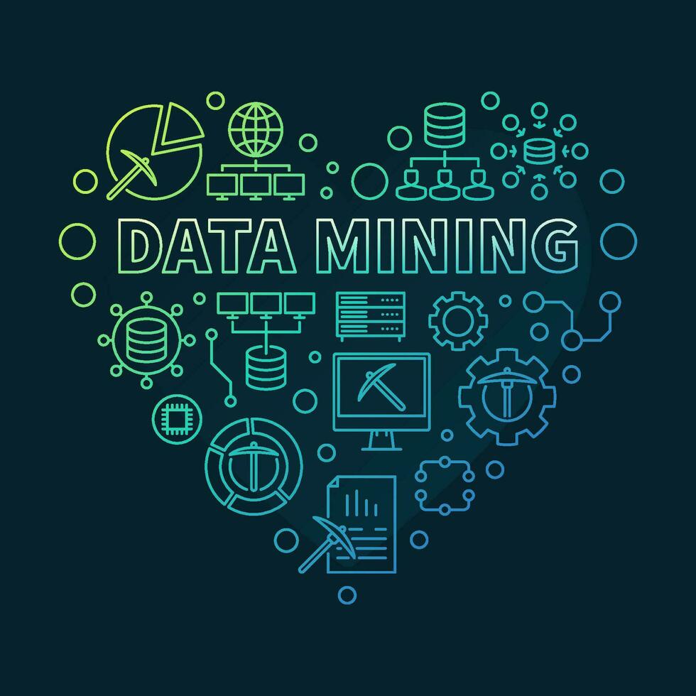 Data Mining Technology concept vector outline heart shaped colored banner