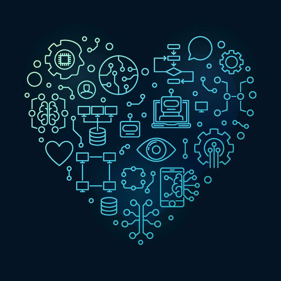 Artificial Intelligence Heart outline blue banner - AI and ML Technology concept illustration vector