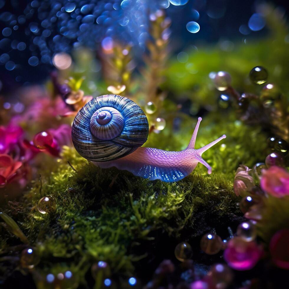 Iridescent Snail in a Fairy Forest, Close Up of a Shimmering Shell. AI Generative photo