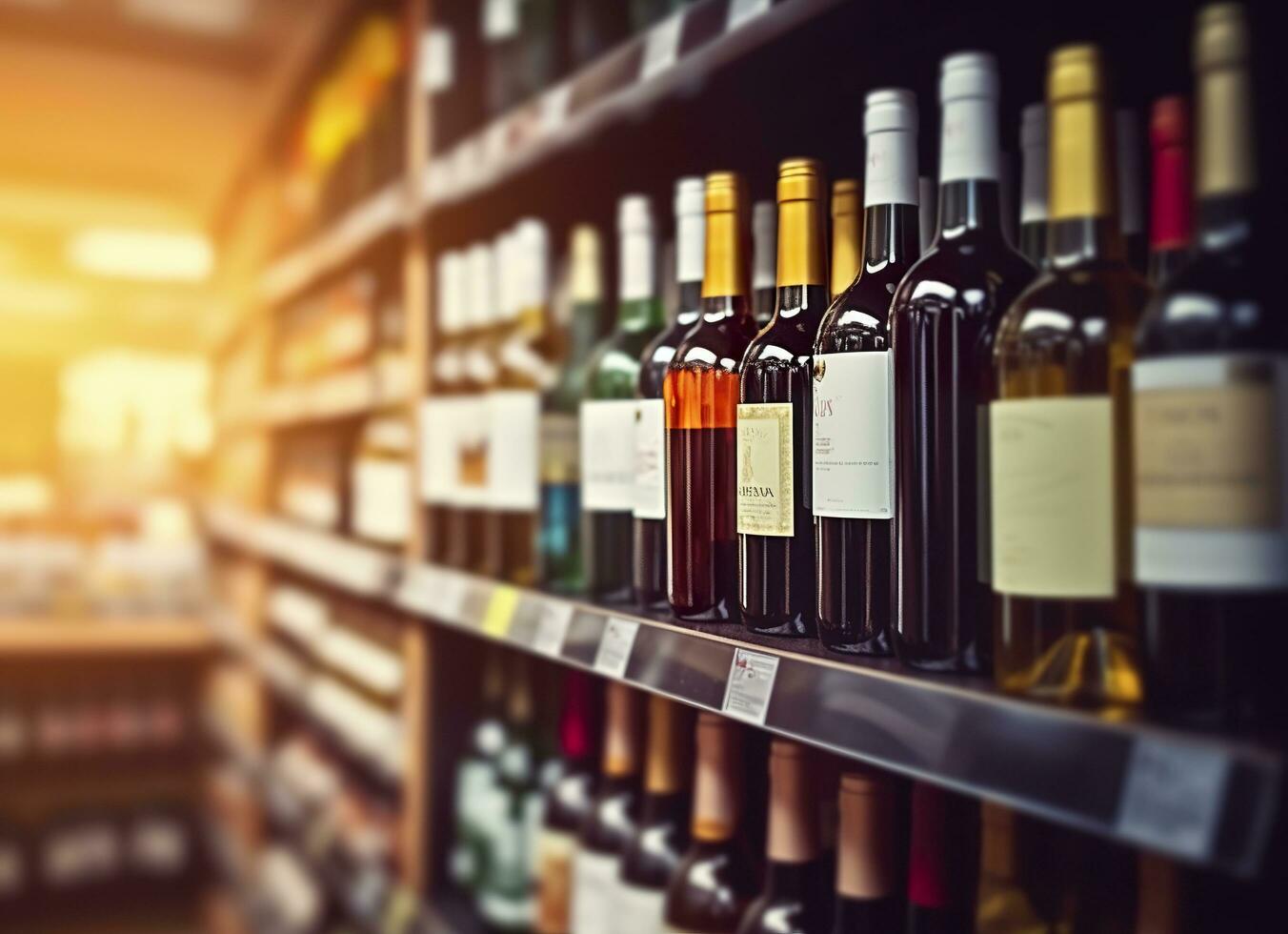 Abstract blur wine bottles on liquor alcohol shelves in supermarket store background. Generative AI photo