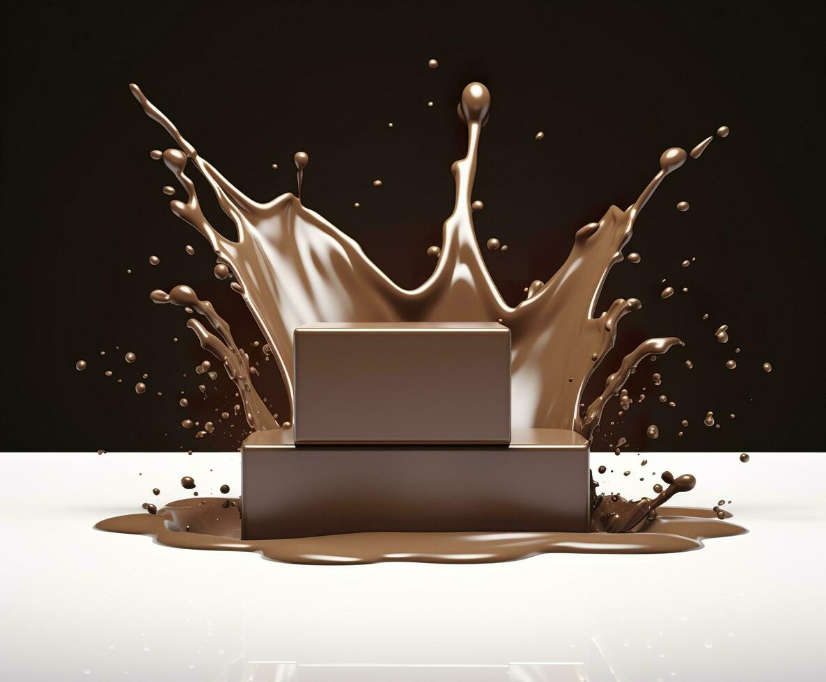 chocolate chapoteo con un podio, Bosquejo antecedentes para Leche producto mostrar, 3d. generativo ai foto