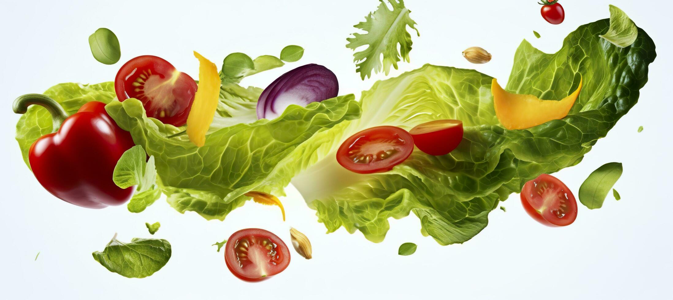 Falling vegetables, salad of bell pepper, tomato, and lettuce leaves. Generative AI photo