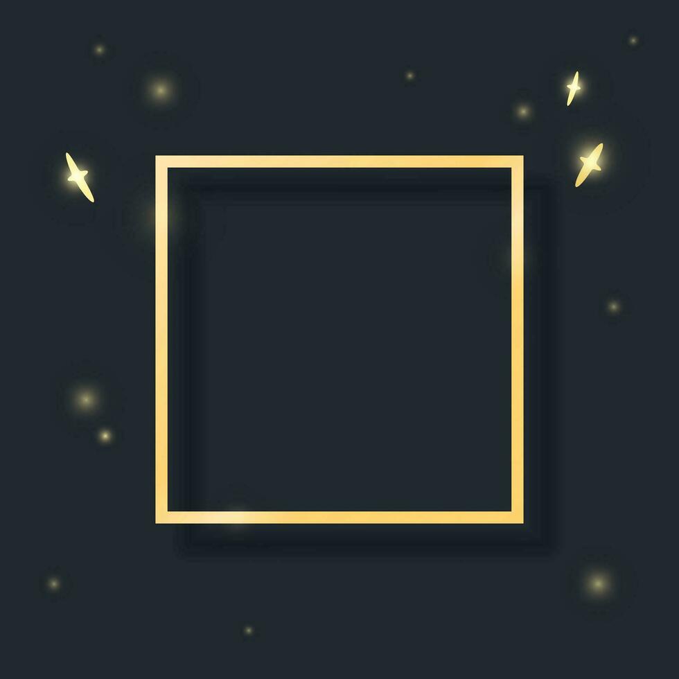 Black banner with golden frame, flares and stars. Magician background for sale, web, social media, advertising, posters, covers, wallpapers. Banner with space for design and text. Vector illustration.