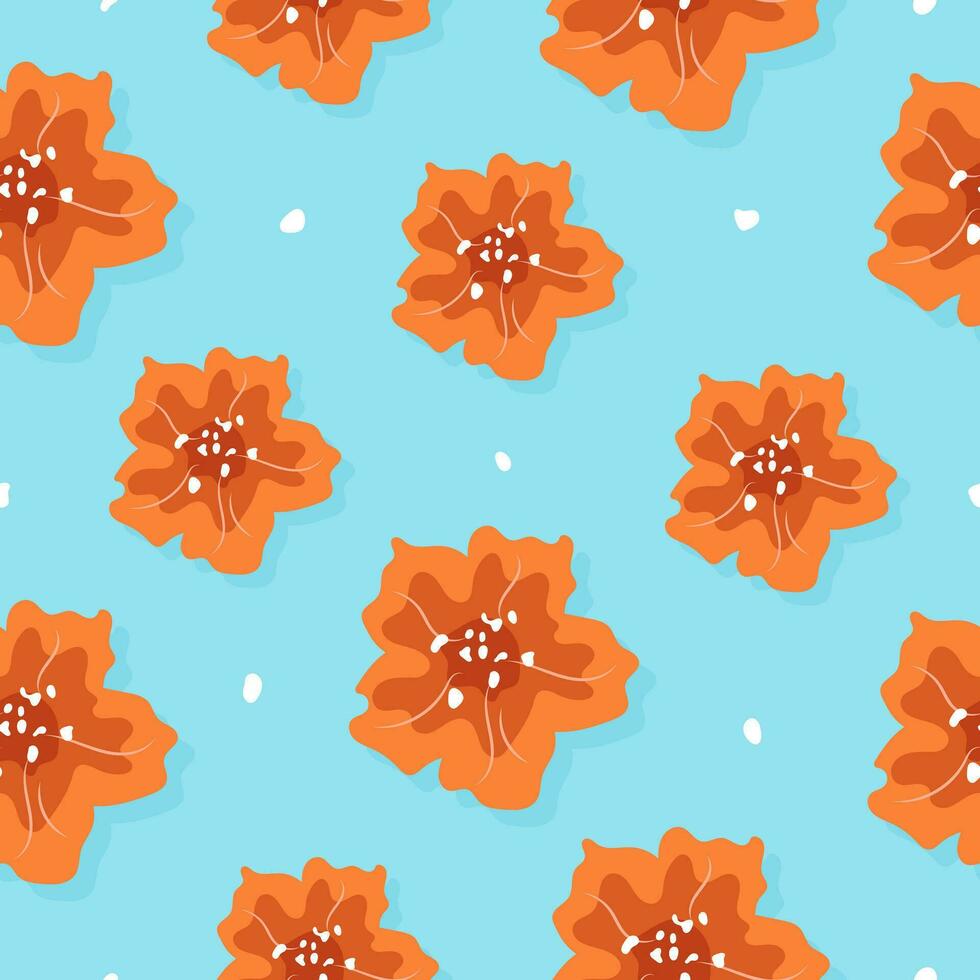 resumen amable sin costura modelo con verano naranja flores vector follaje siluetas natural orgánico ornamento con flores en azul antecedentes. vector loseta para tela, imprimir, envoltura, textil.