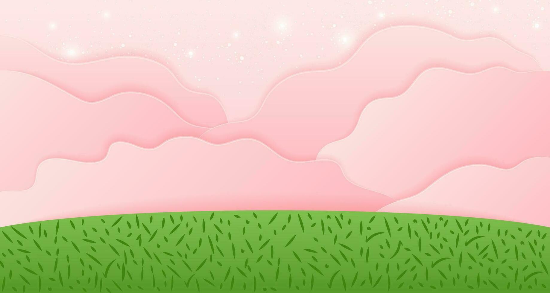 Cartoon nature background with green field and pink clouds. Cute vector illustration of landscape. Wallpapers in paper cut style.