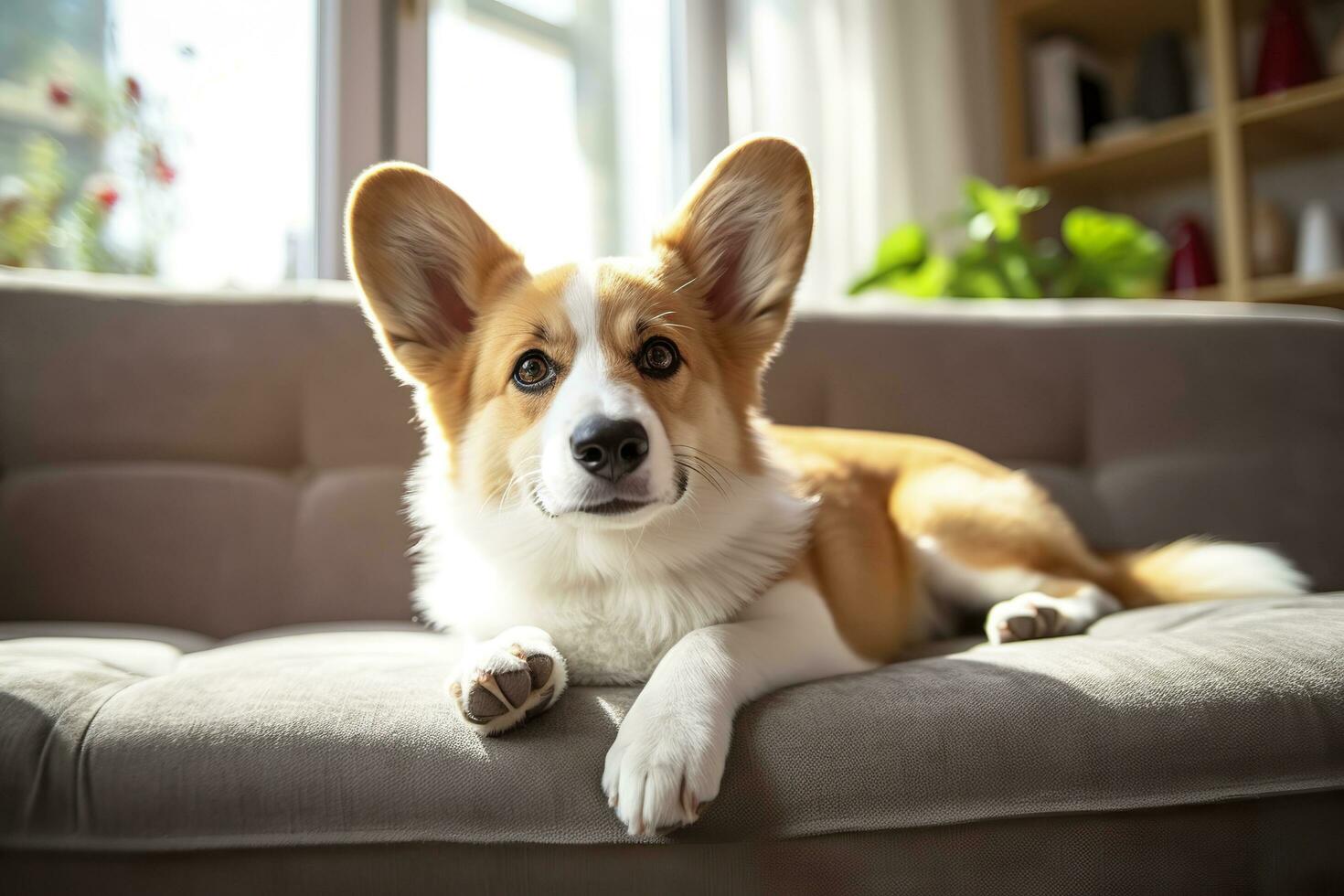 Beautiful, smart, calm purebred corgi dog lying on on sofa in living room. Generative AI photo