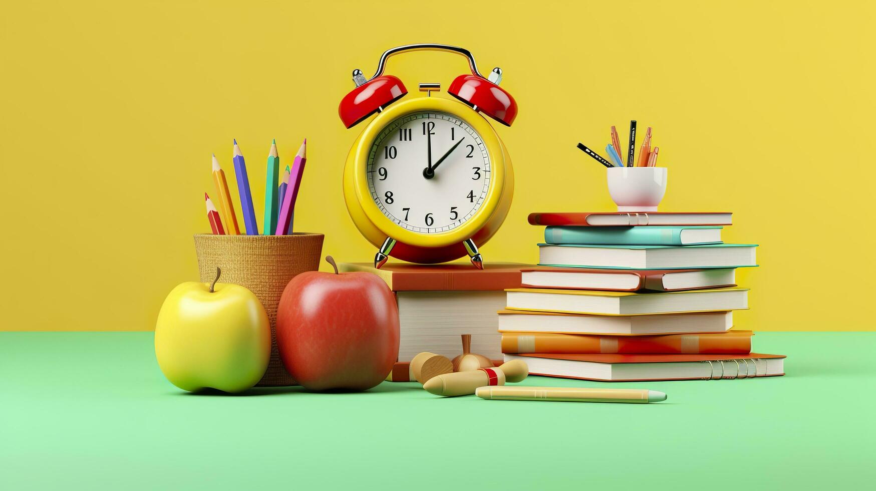 Pop art illustration of School accessories with apples, books, and an alarm clock on the School background. Back to school concept. 3D Rendering, AI Generative photo