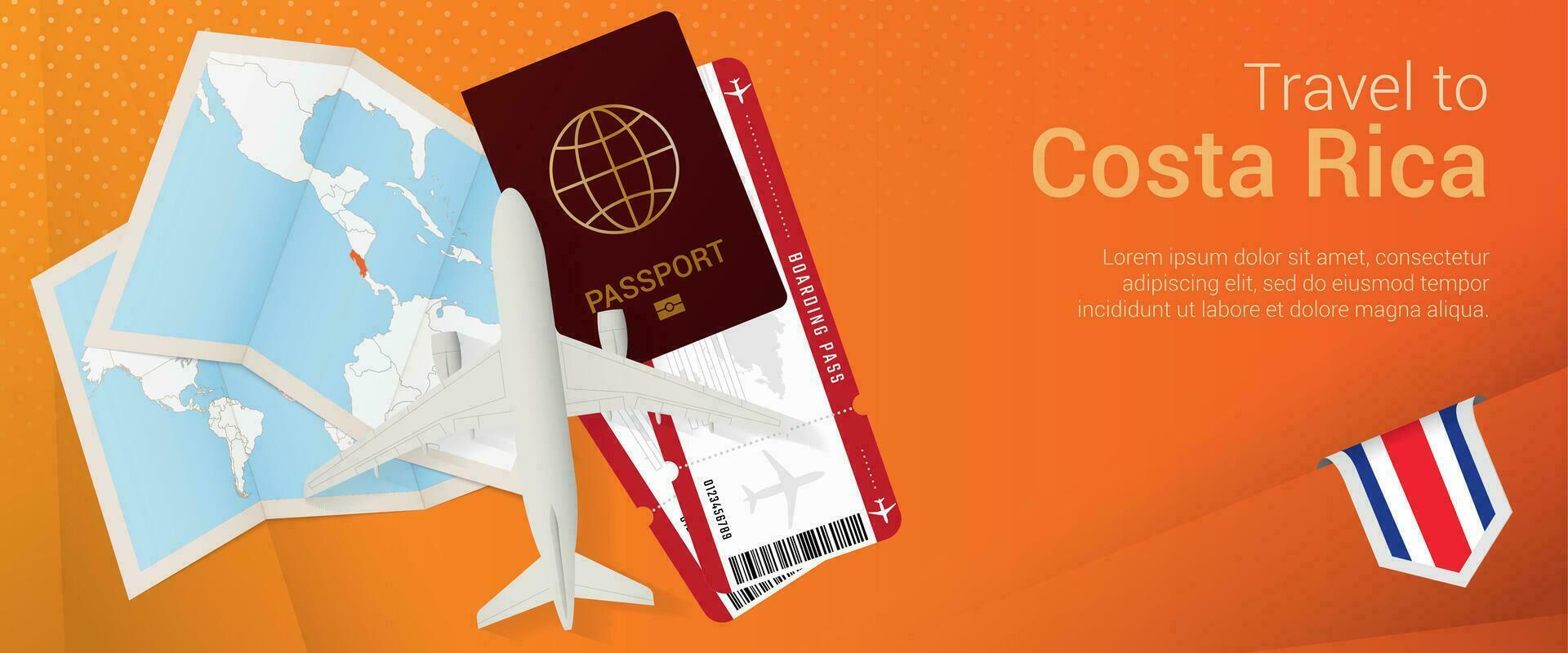 Travel to Costa Rica pop-under banner. Trip banner with passport, tickets, airplane, boarding pass, map and flag of Costa Rica. vector