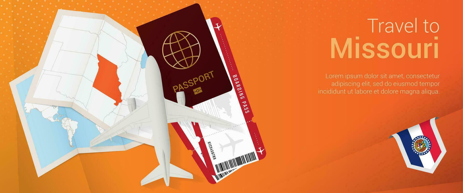 Travel to Missouri pop-under banner. Trip banner with passport, tickets, airplane, boarding pass, map and flag of Missouri. vector