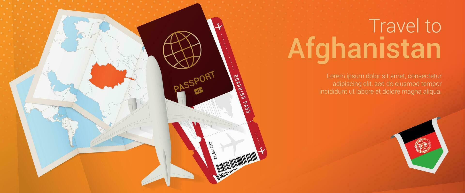 Travel to Afghanistan pop-under banner. Trip banner with passport, tickets, airplane, boarding pass, map and flag of Afghanistan. vector