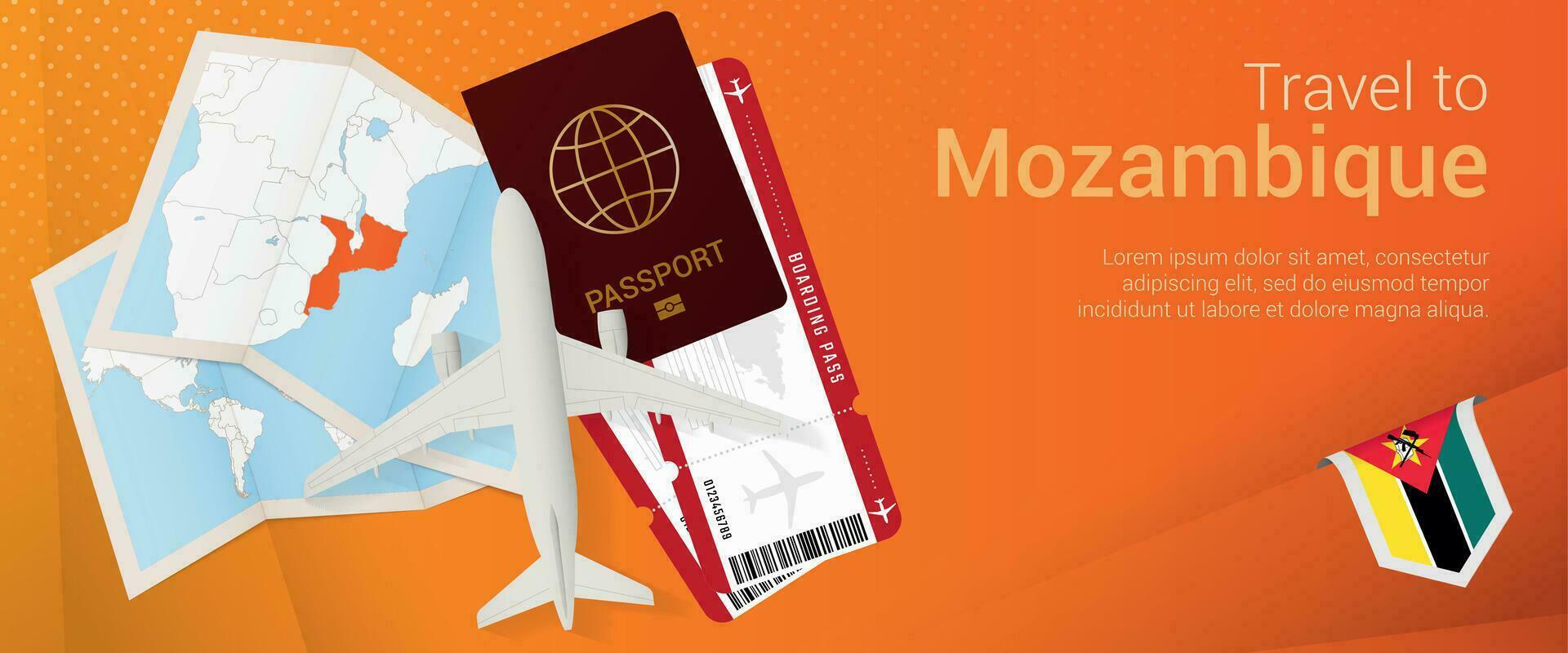 viaje a Mozambique pop-under bandera. viaje bandera con pasaporte, Entradas, avión, embarque aprobar, mapa y bandera de Mozambique. vector