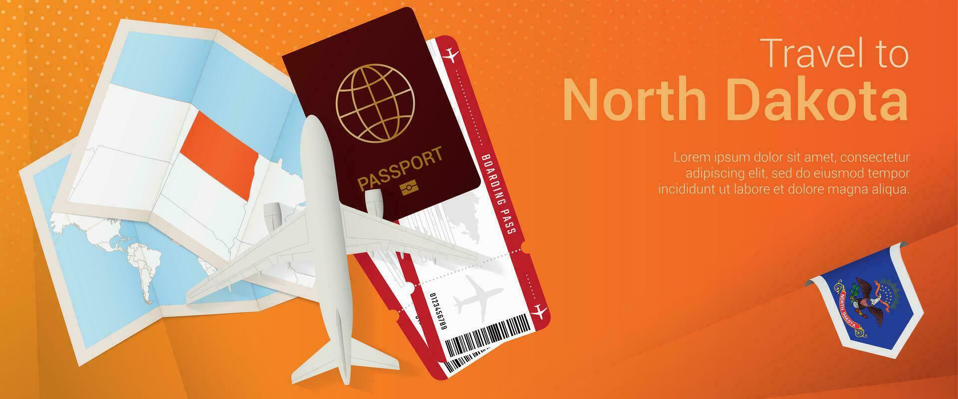 Travel to North Dakota pop-under banner. Trip banner with passport, tickets, airplane, boarding pass, map and flag of North Dakota. vector