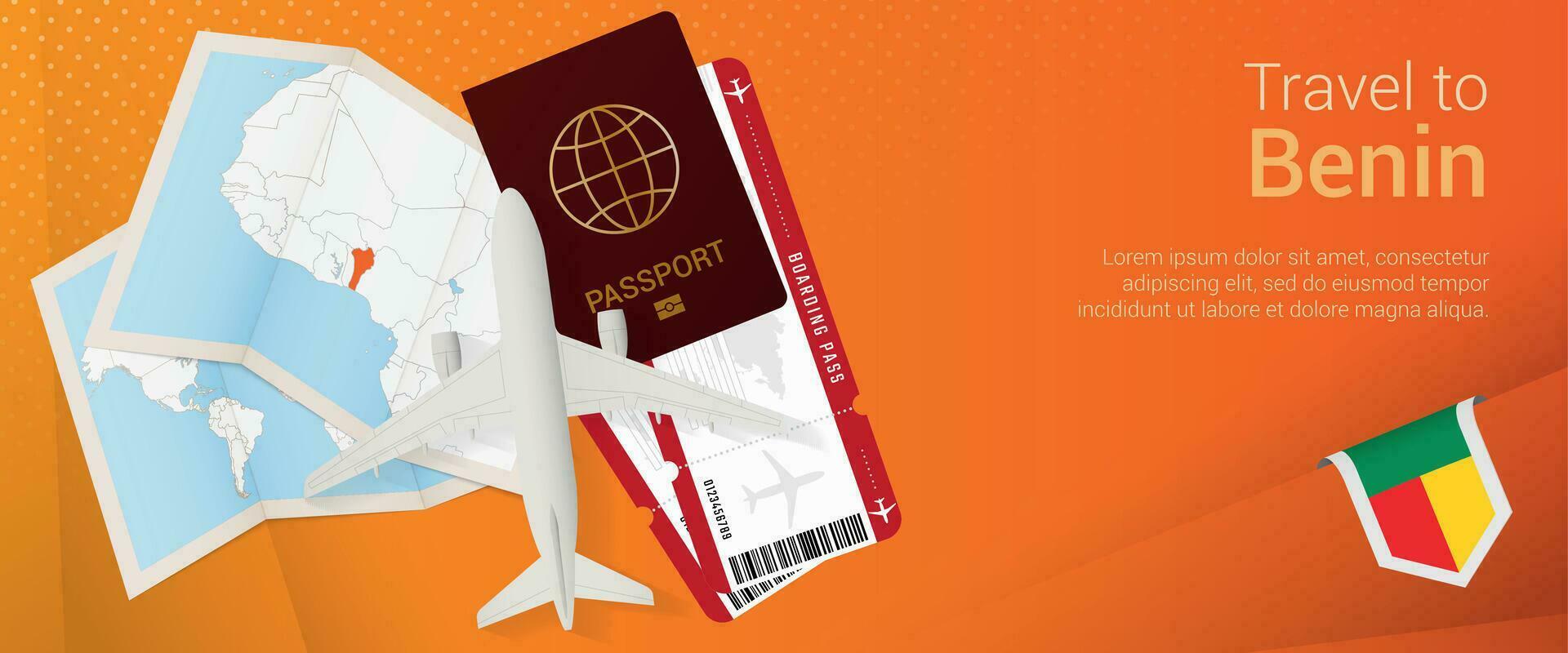 Travel to Benin pop-under banner. Trip banner with passport, tickets, airplane, boarding pass, map and flag of Benin. vector