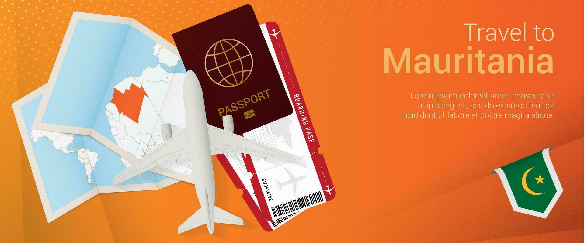 Travel to Mauritania pop-under banner. Trip banner with passport, tickets, airplane, boarding pass, map and flag of Mauritania. vector