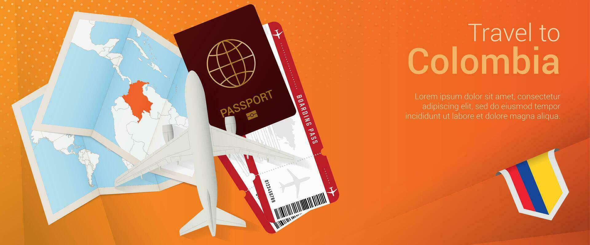 Travel to Colombia pop-under banner. Trip banner with passport, tickets, airplane, boarding pass, map and flag of Colombia. vector