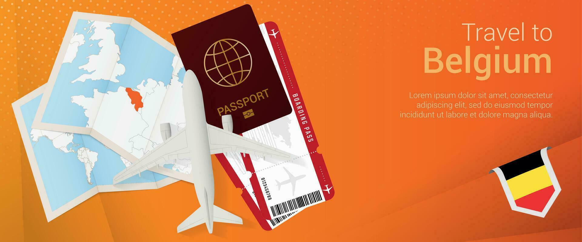 Travel to Belgium pop-under banner. Trip banner with passport, tickets, airplane, boarding pass, map and flag of Belgium. vector