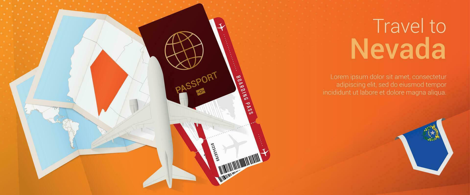 Travel to Nevada pop-under banner. Trip banner with passport, tickets, airplane, boarding pass, map and flag of Nevada. vector