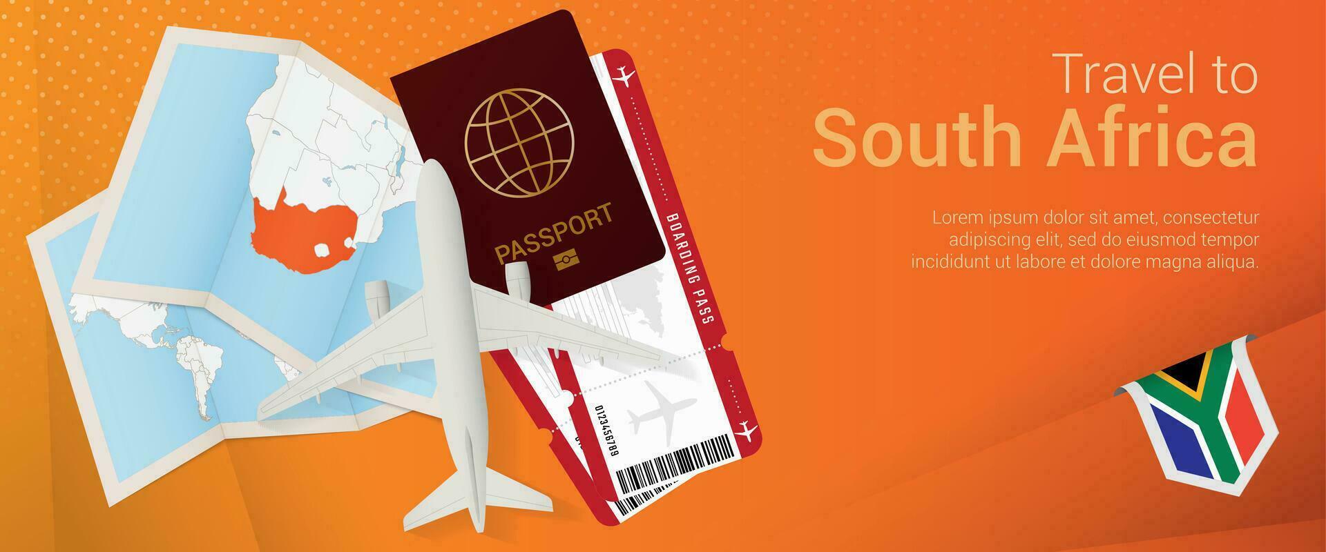 Travel to South Africa pop-under banner. Trip banner with passport, tickets, airplane, boarding pass, map and flag of South Africa. vector