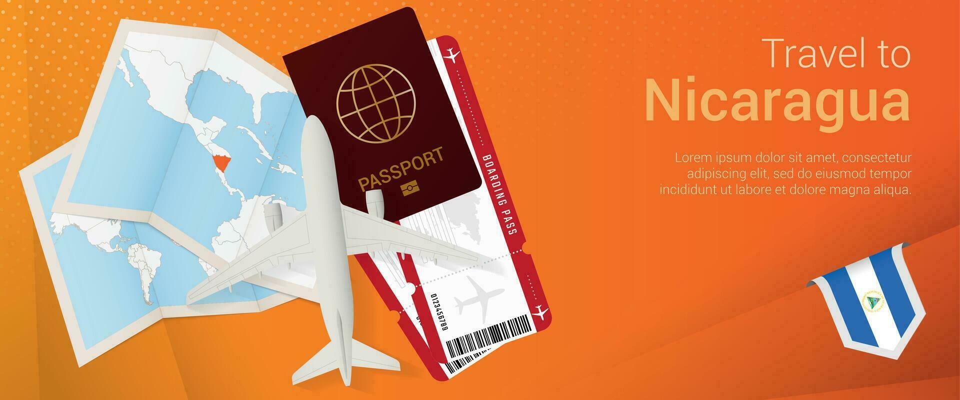 Travel to Nicaragua pop-under banner. Trip banner with passport, tickets, airplane, boarding pass, map and flag of Nicaragua. vector