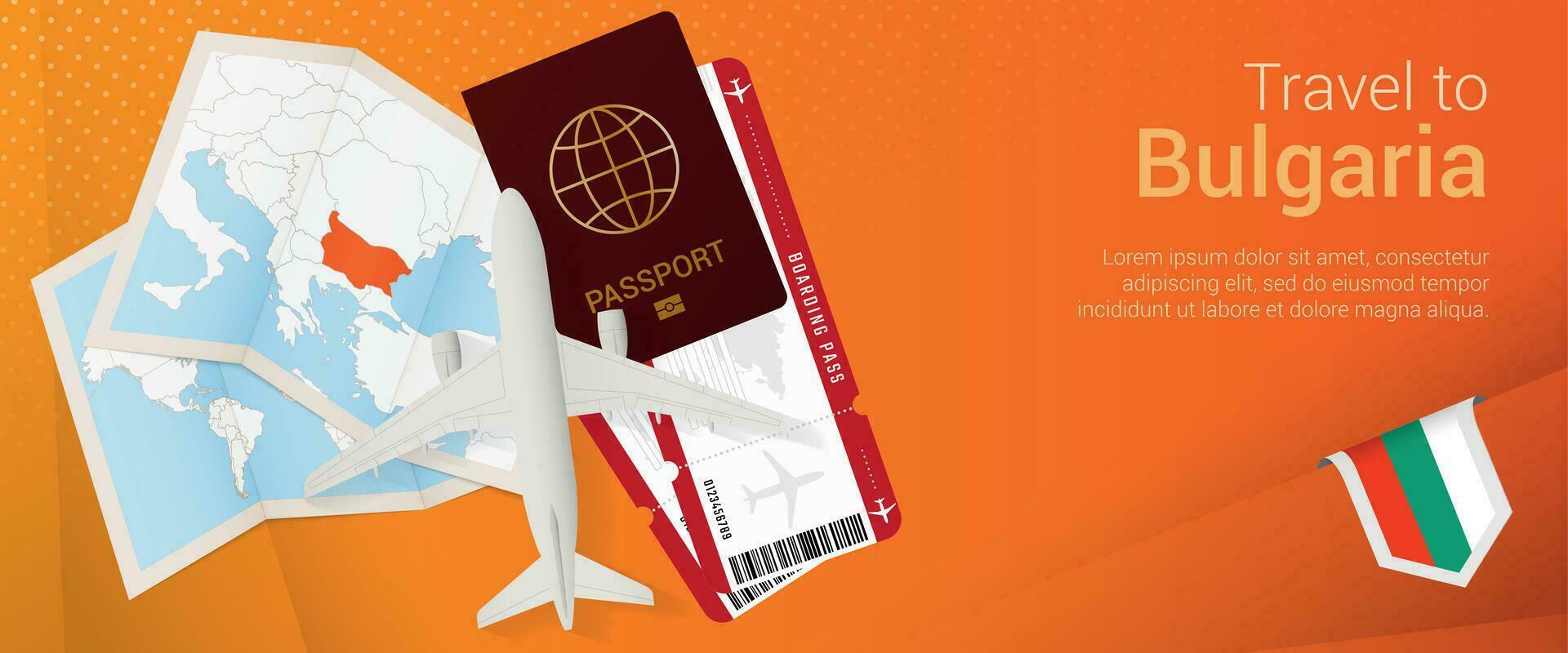 Travel to Bulgaria pop-under banner. Trip banner with passport, tickets, airplane, boarding pass, map and flag of Bulgaria. vector