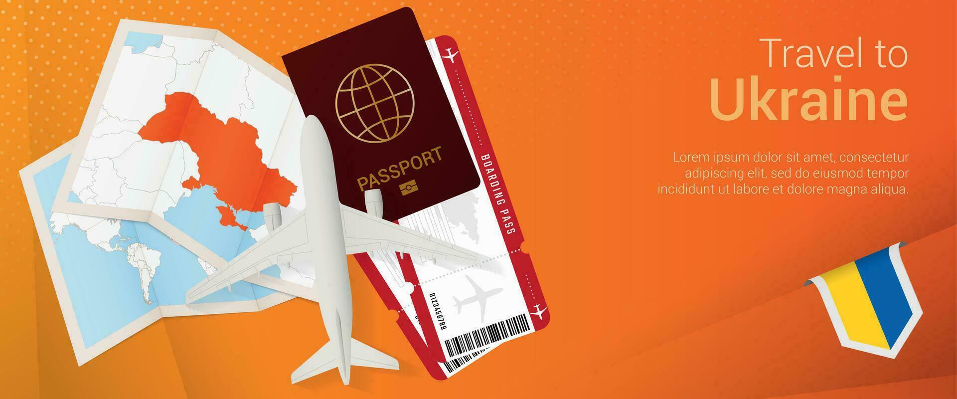Travel to Ukraine pop-under banner. Trip banner with passport, tickets, airplane, boarding pass, map and flag of Ukraine. vector