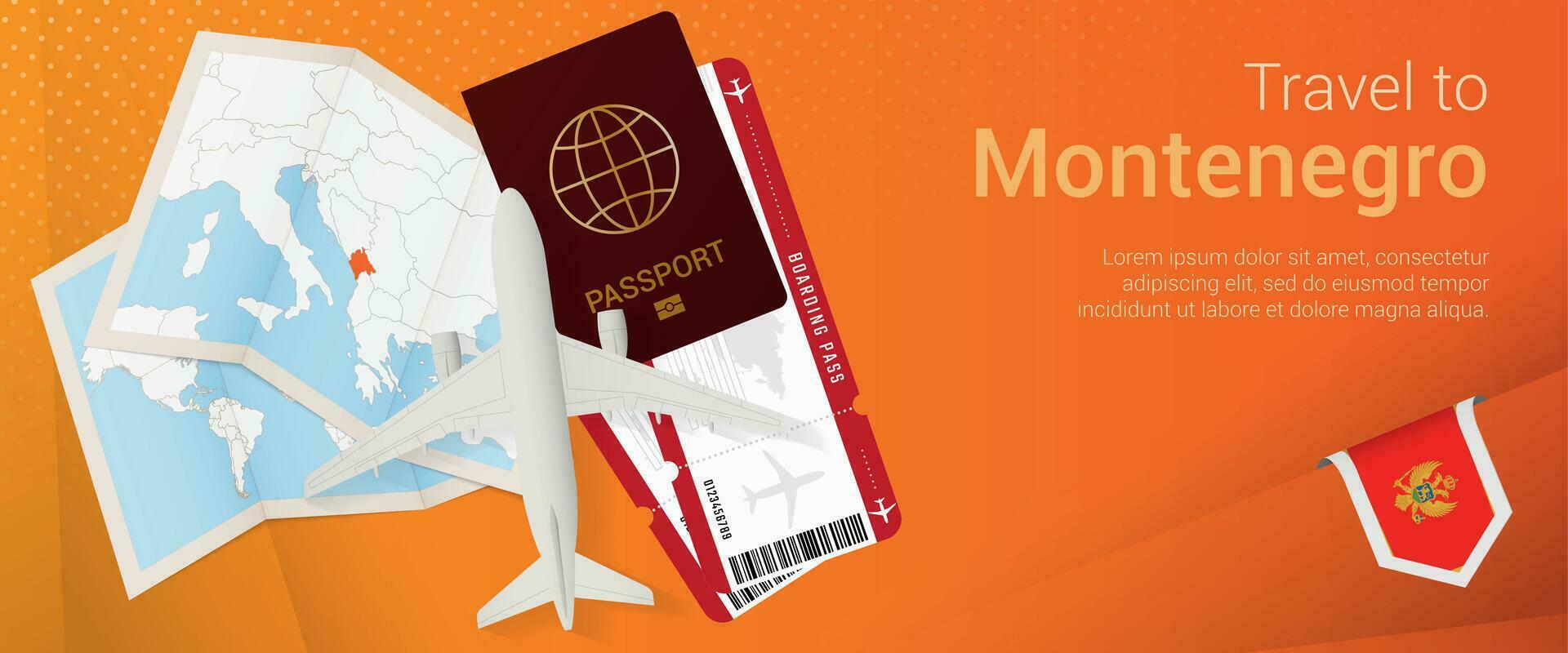 Travel to Montenegro pop-under banner. Trip banner with passport, tickets, airplane, boarding pass, map and flag of Montenegro. vector