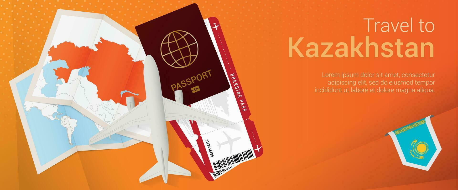 viaje a Kazajstán pop-under bandera. viaje bandera con pasaporte, Entradas, avión, embarque aprobar, mapa y bandera de kazajstán. vector