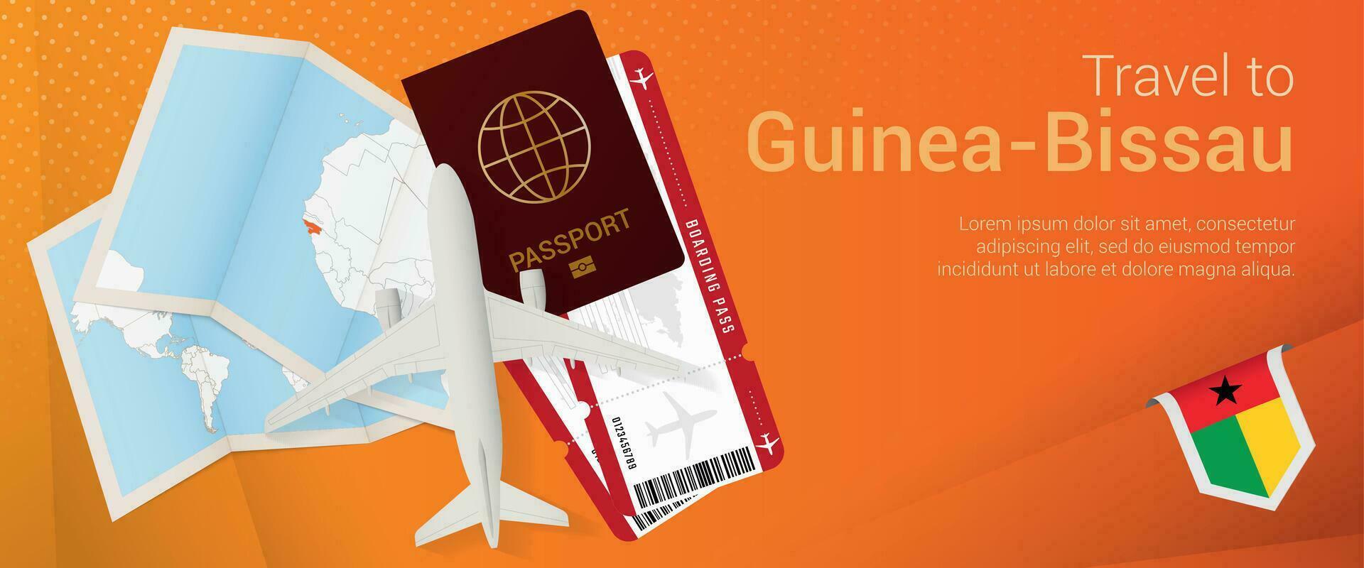 Travel to Guinea-Bissau pop-under banner. Trip banner with passport, tickets, airplane, boarding pass, map and flag of Guinea-Bissau. vector