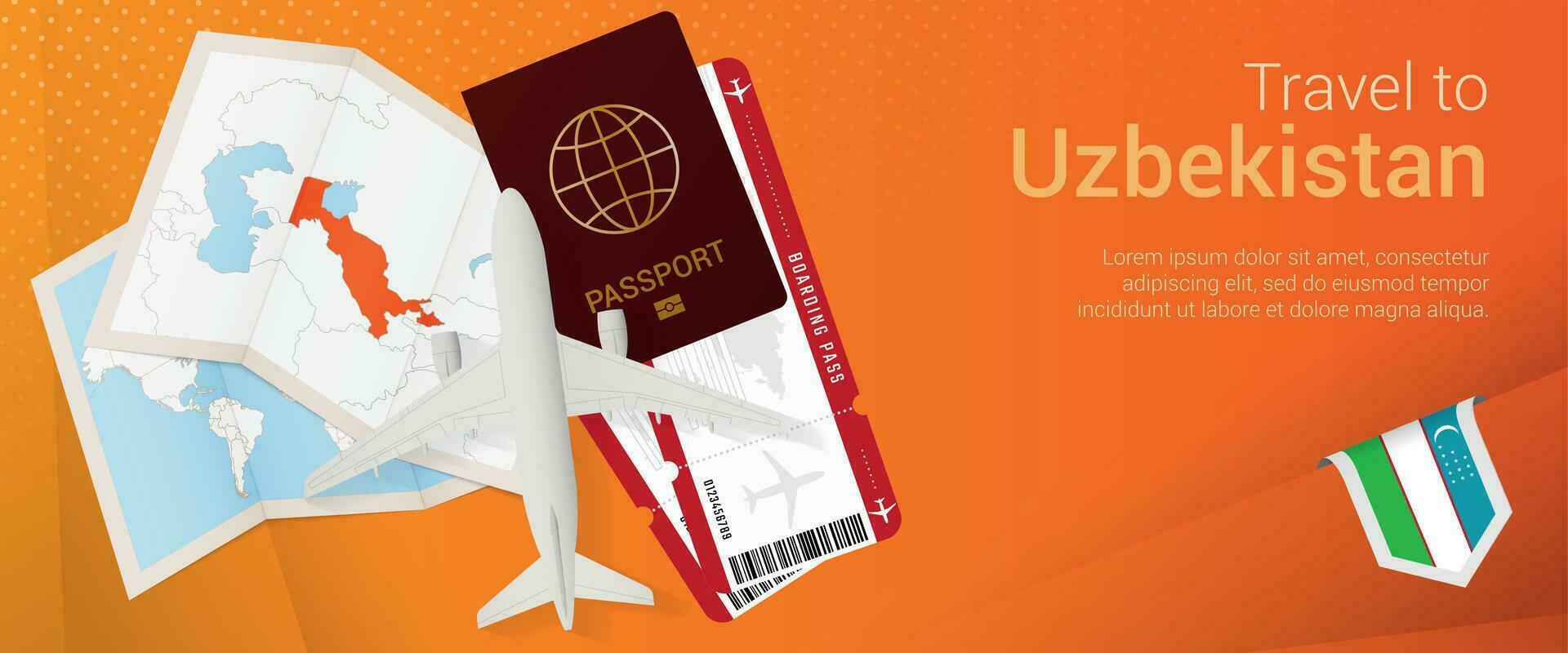 Travel to Uzbekistan pop-under banner. Trip banner with passport, tickets, airplane, boarding pass, map and flag of Uzbekistan. vector
