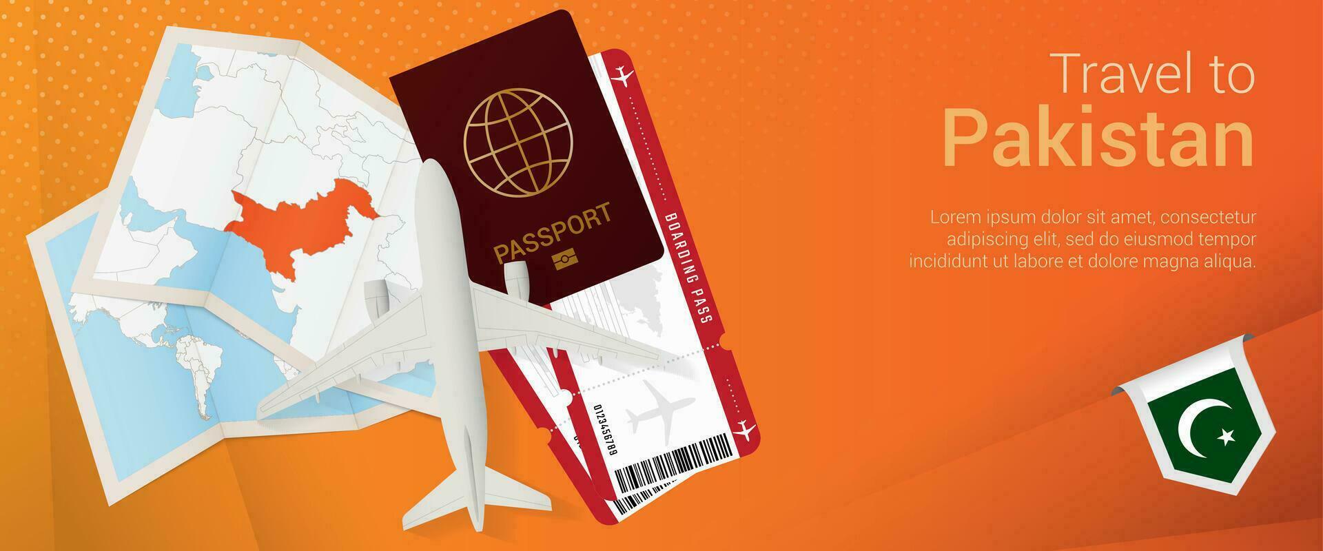 Travel to Pakistan pop-under banner. Trip banner with passport, tickets, airplane, boarding pass, map and flag of Pakistan. vector
