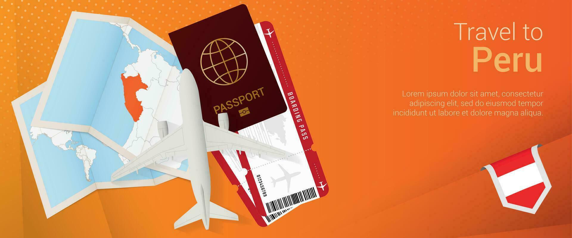 Travel to Peru pop-under banner. Trip banner with passport, tickets, airplane, boarding pass, map and flag of Peru. vector