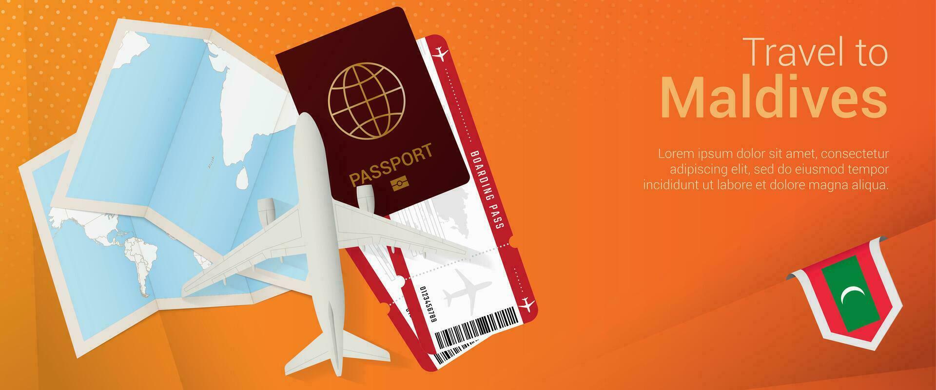 Travel to Maldives pop-under banner. Trip banner with passport, tickets, airplane, boarding pass, map and flag of Maldives. vector