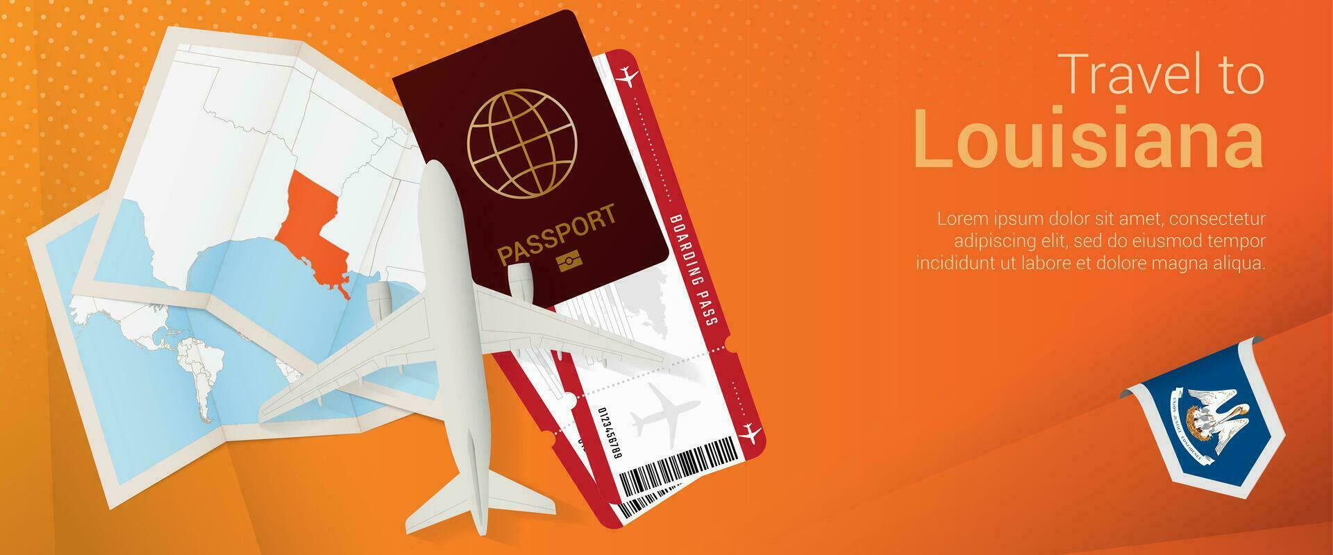 Travel to Louisiana pop-under banner. Trip banner with passport, tickets, airplane, boarding pass, map and flag of Louisiana. vector