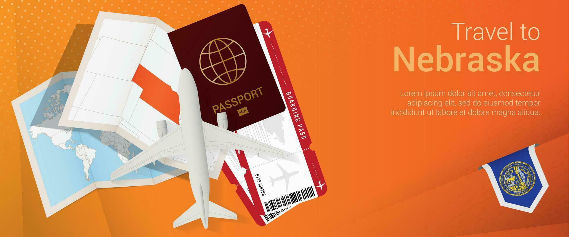 Travel to Nebraska pop-under banner. Trip banner with passport, tickets, airplane, boarding pass, map and flag of Nebraska. vector