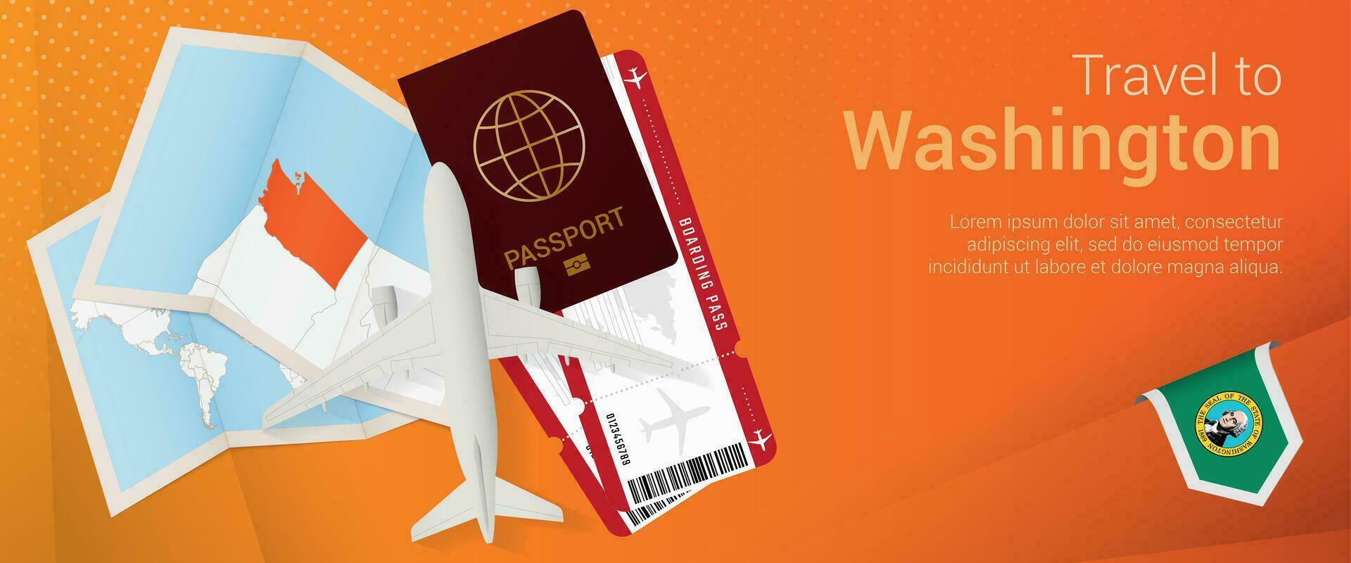 Travel to Washington pop-under banner. Trip banner with passport, tickets, airplane, boarding pass, map and flag of Washington. vector