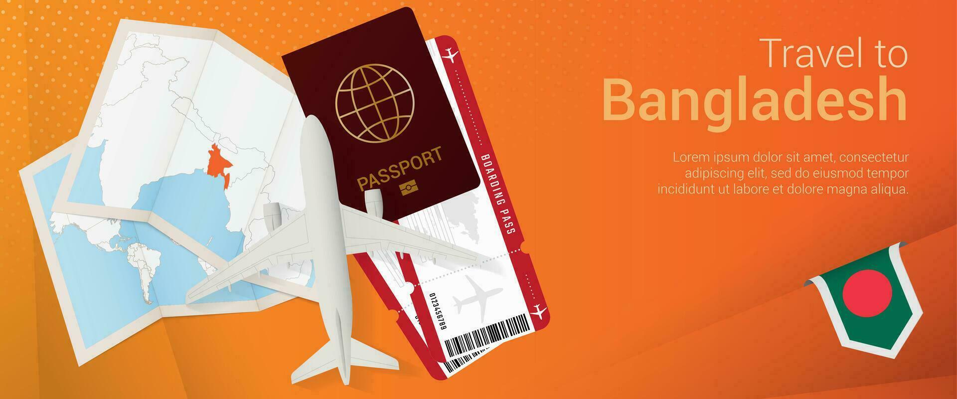 Travel to Bangladesh pop-under banner. Trip banner with passport, tickets, airplane, boarding pass, map and flag of Bangladesh. vector