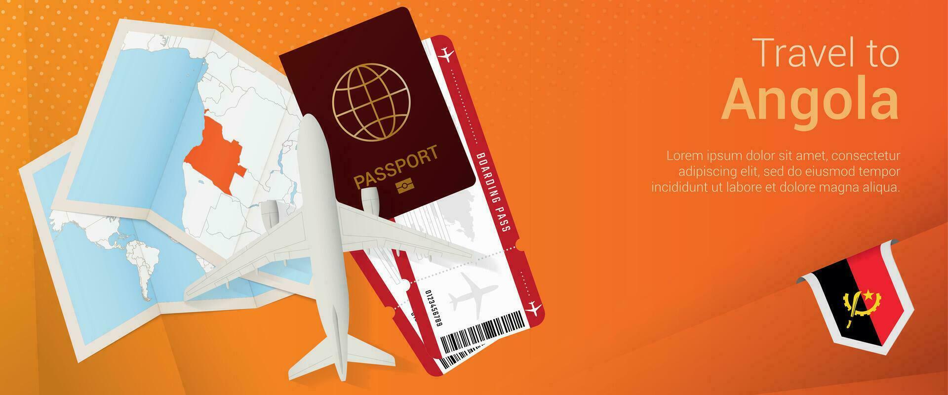 Travel to Angola pop-under banner. Trip banner with passport, tickets, airplane, boarding pass, map and flag of Angola. vector