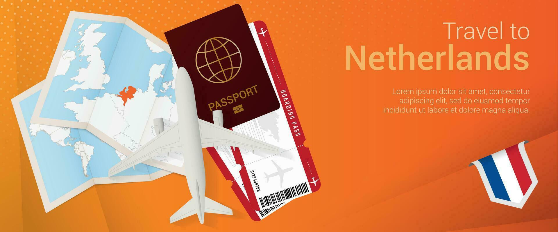 Travel to Netherlands pop-under banner. Trip banner with passport, tickets, airplane, boarding pass, map and flag of Netherlands. vector