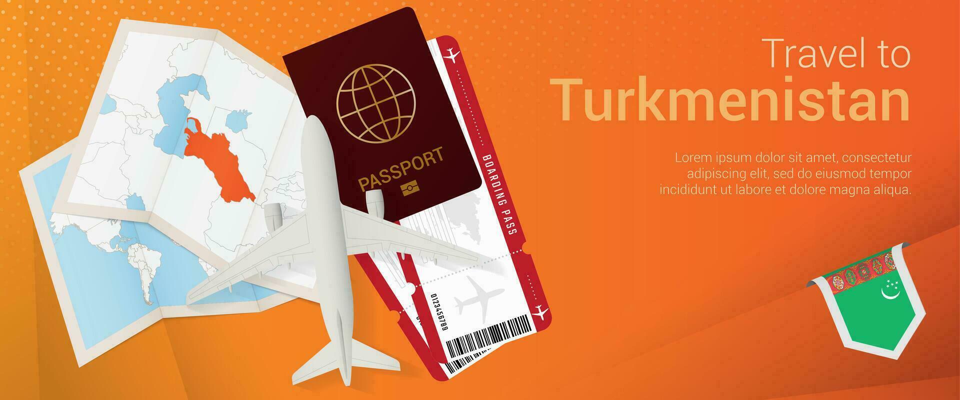 Travel to Turkmenistan pop-under banner. Trip banner with passport, tickets, airplane, boarding pass, map and flag of Turkmenistan. vector