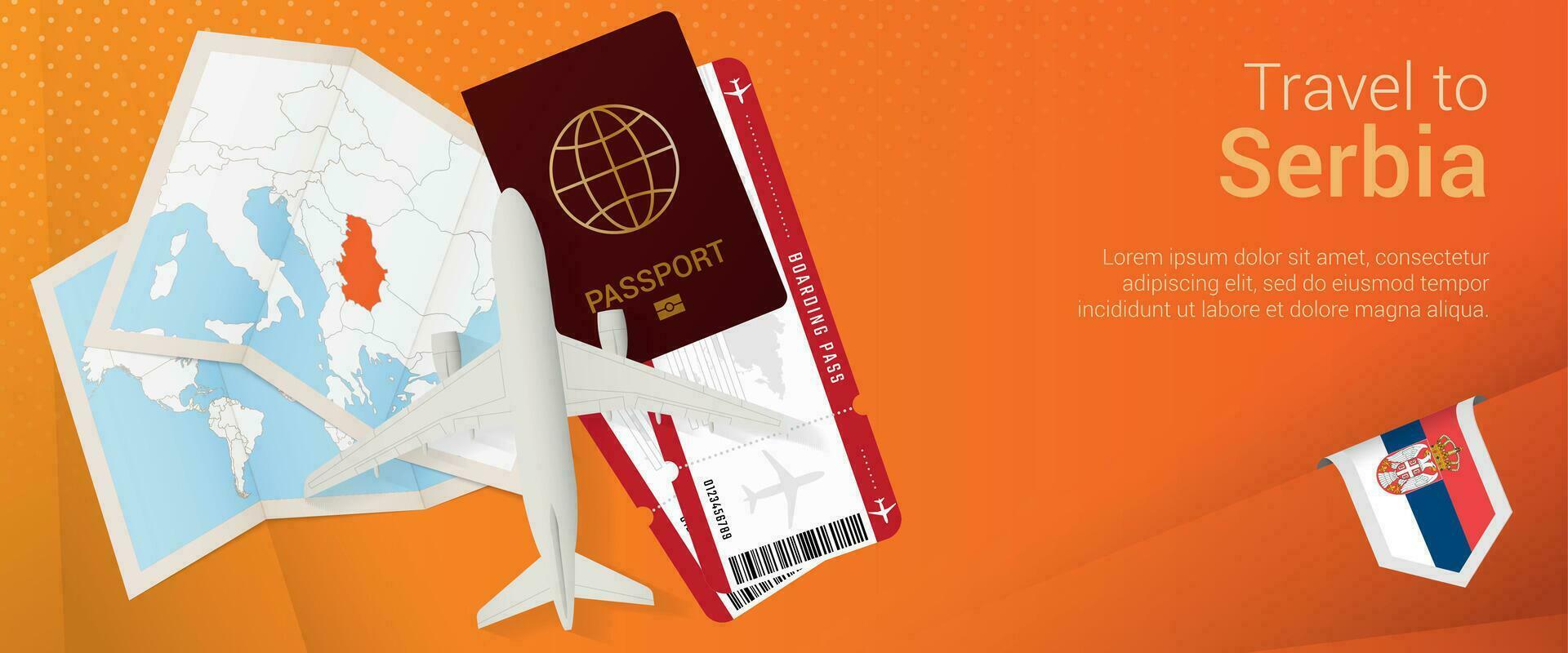 Travel to Serbia pop-under banner. Trip banner with passport, tickets, airplane, boarding pass, map and flag of Serbia. vector