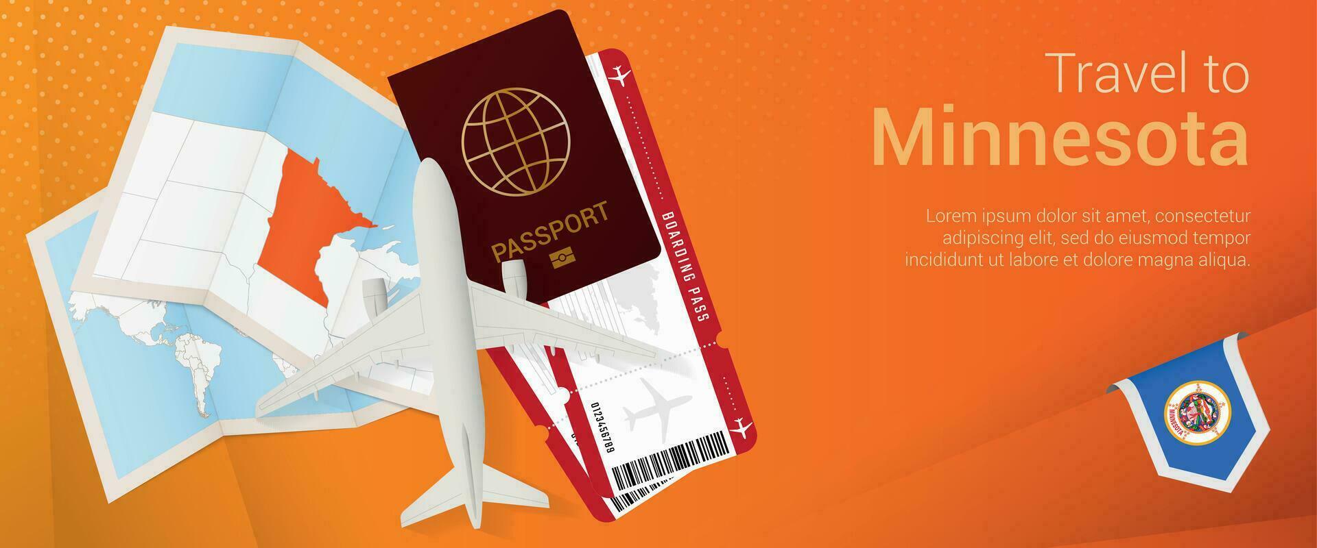 Travel to Minnesota pop-under banner. Trip banner with passport, tickets, airplane, boarding pass, map and flag of Minnesota. vector