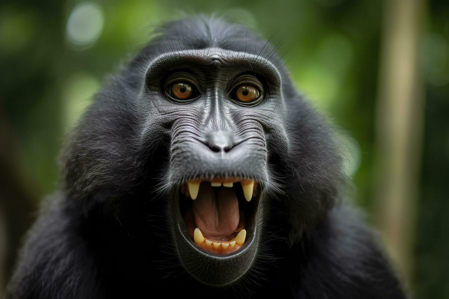 Celebes crested macaque with open mouth. Close up on the green natural background. Generative AI photo