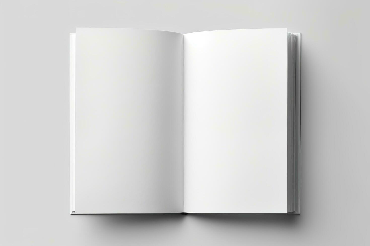 Blank opened book mockup, top view, isolated on white background. Generative AI photo