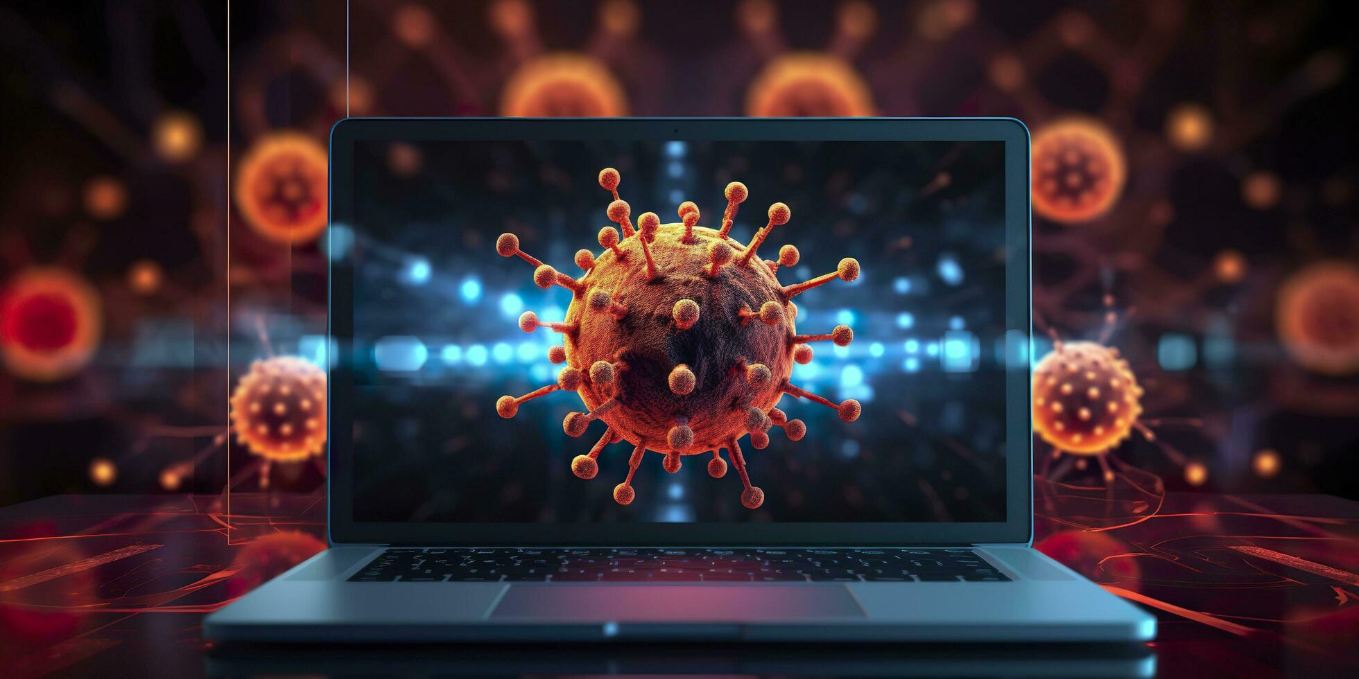 computadora pantalla demostración un instalando actualizar notificación con un virus símbolo, ai generativo foto