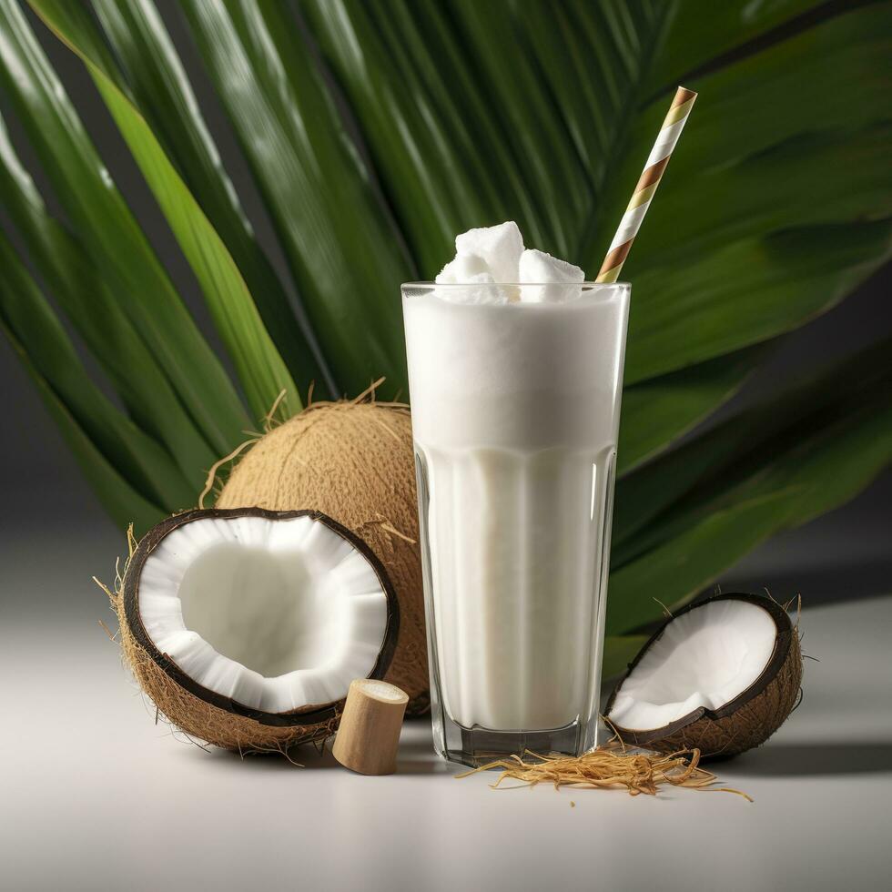 Coco Leche sacudir vaso con Fresco rebanado Coco. generativo ai foto