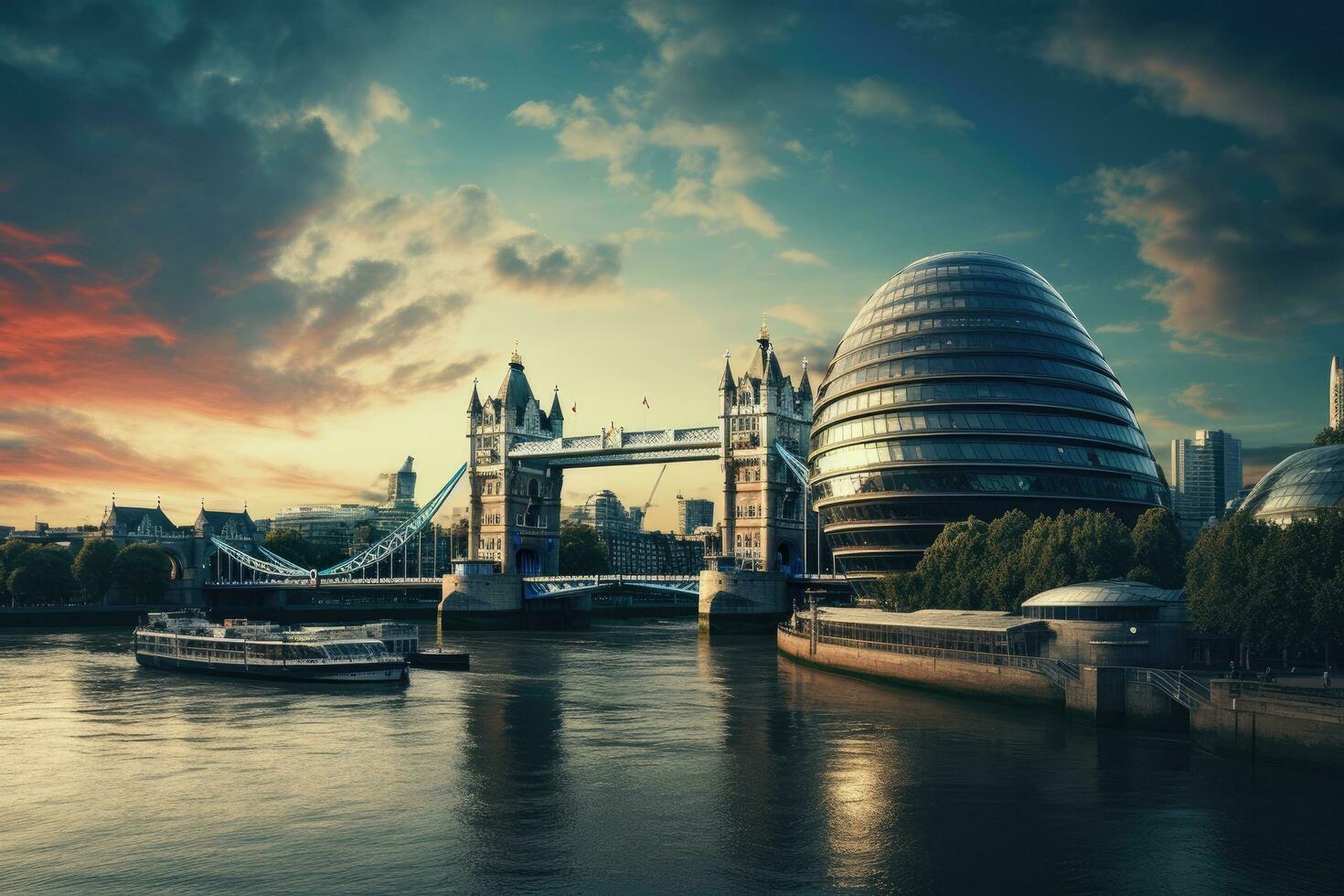 Tower Bridge in London, UK. Beautiful London skyline at sunset, London City, AI Generated photo