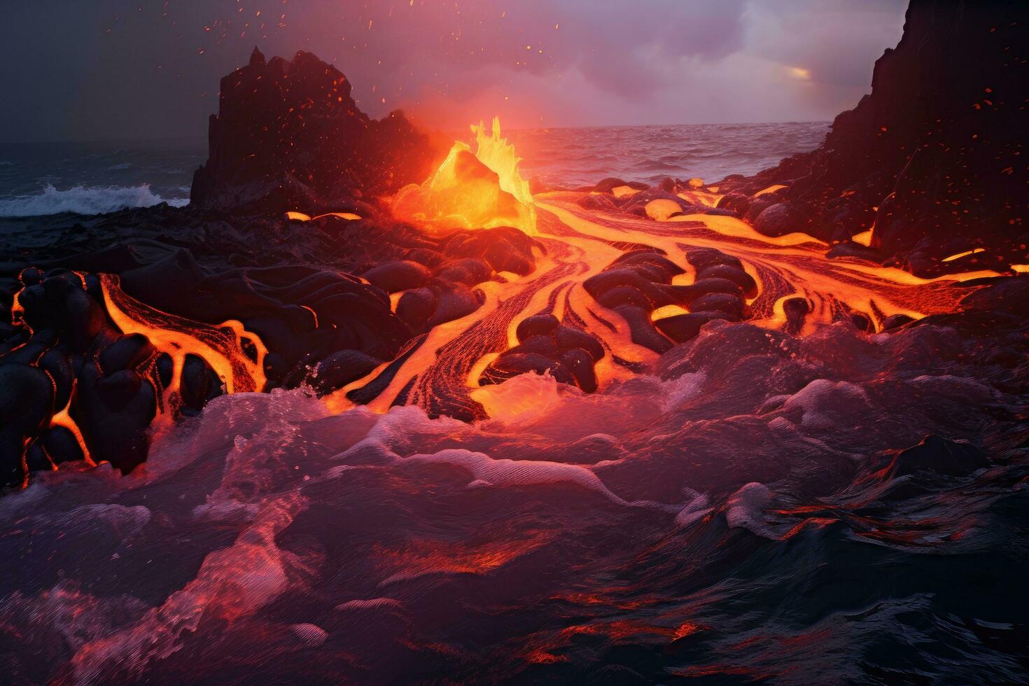 3D illustration of a lava flow flowing into the sea at sunset, Lava is entering the ocean with many small flows, AI Generated photo