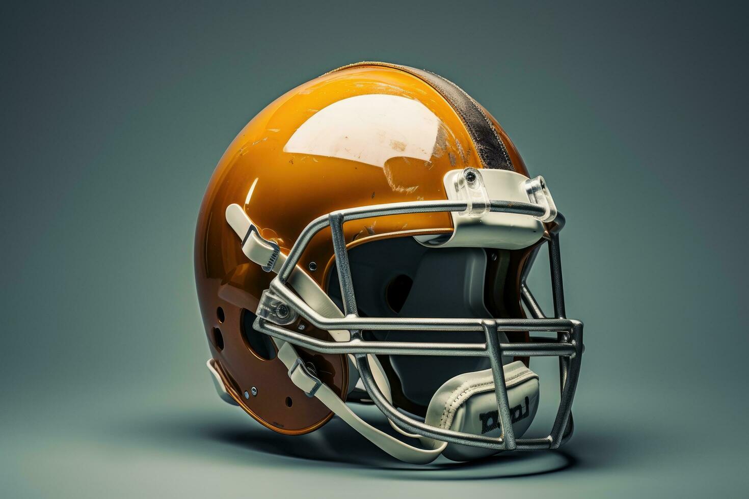 American football helmet on a gray background. 3d rendering toned image, looking down on sports equipment, american football helmet, AI Generated photo